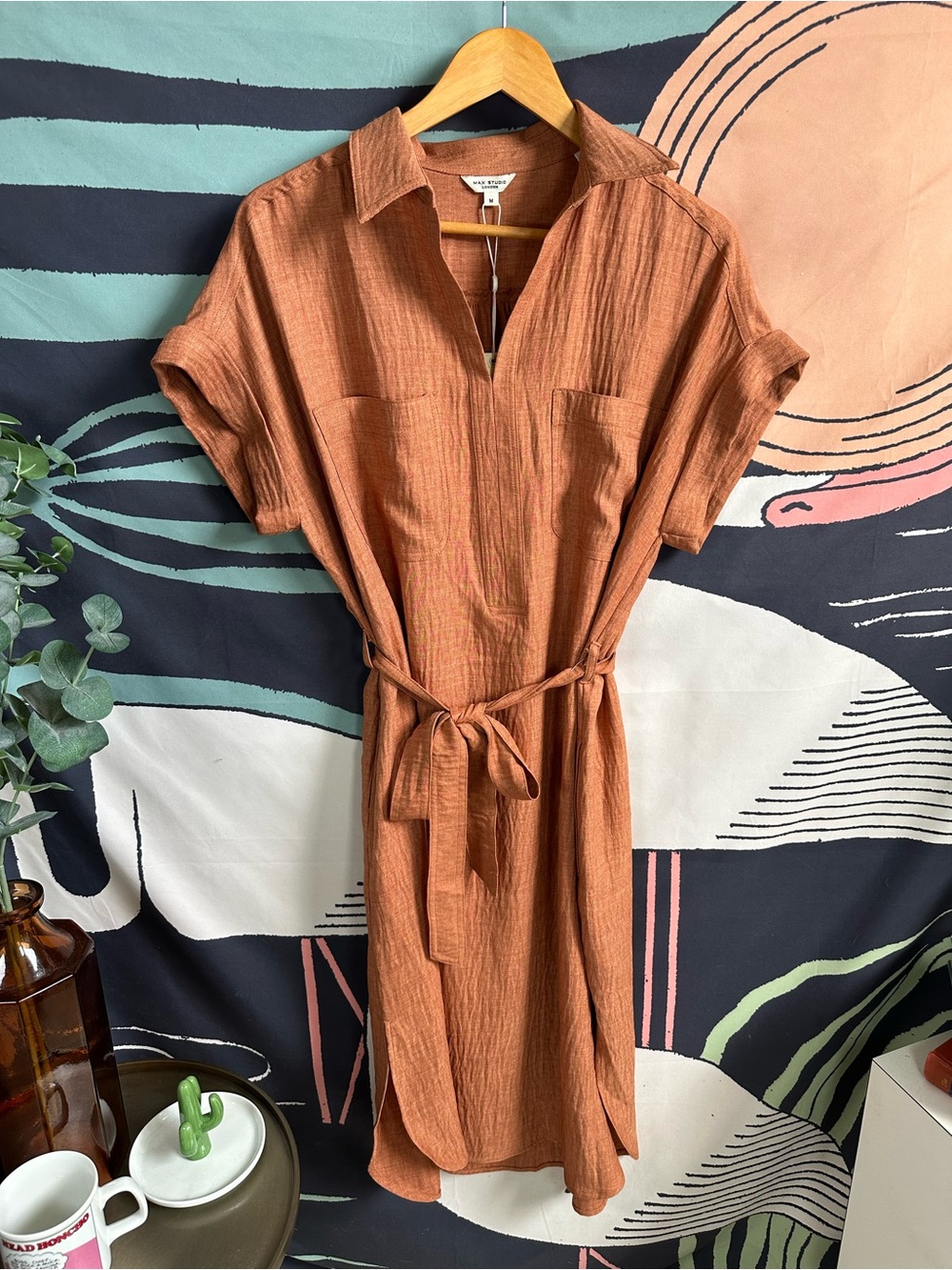 Max Studio Rust Color Shirt Dress with Tie Waist size Medium NWT